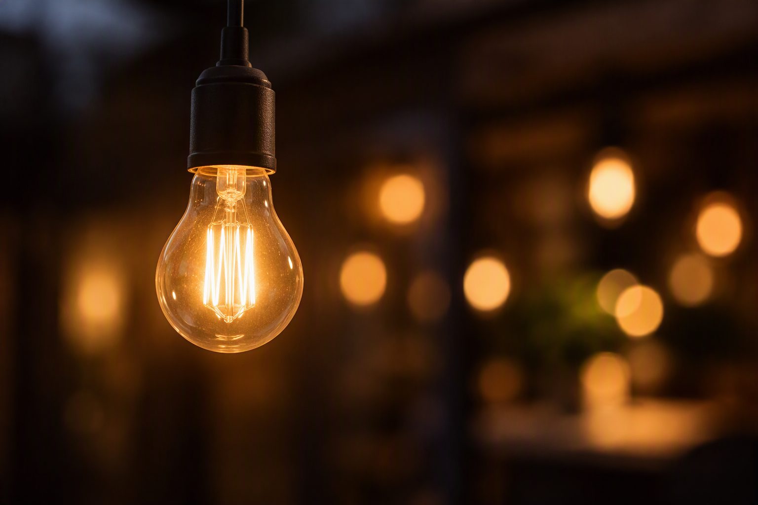 Warm hanging lights with glowing bulbs